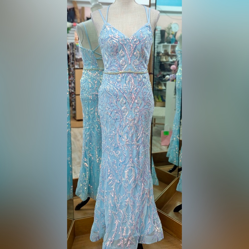 Camilla La Vie Light Blue Sequin Corset Back Mermaid Prom Dress Petite 4P Gown - Picture 8 of 10